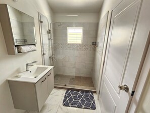 Shower, hair dryer, towels, soap