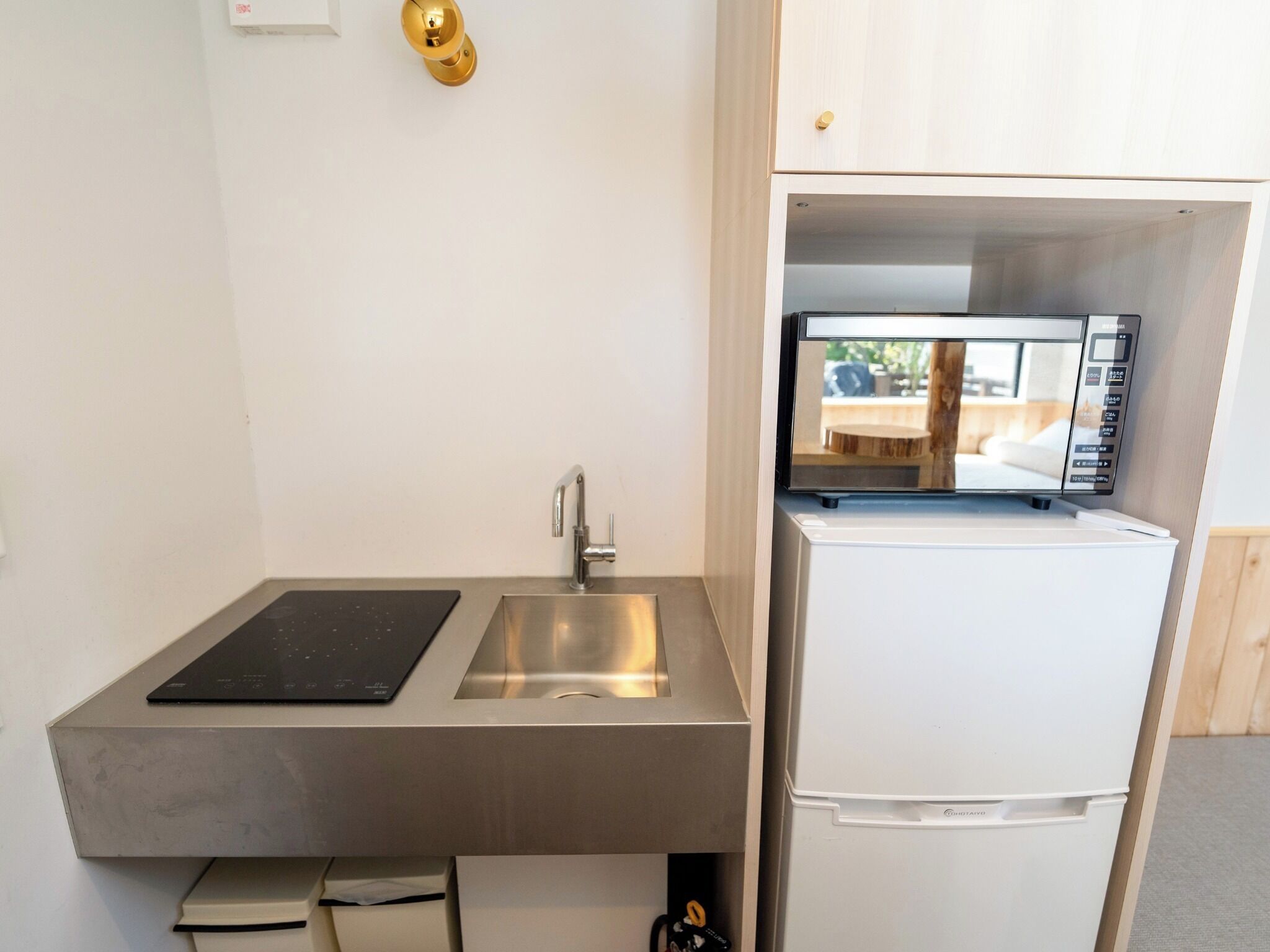 Kühlschrank, Mikrowelle, Herdplatte, Kochgeschirr/Geschirr/Besteck