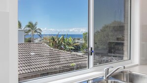 A kitchen with a stainless steel sink and a window overlooking a residential area with a tiled roof and palm trees. - Coastal Sanctuary with Ocean Views. (Tweed)