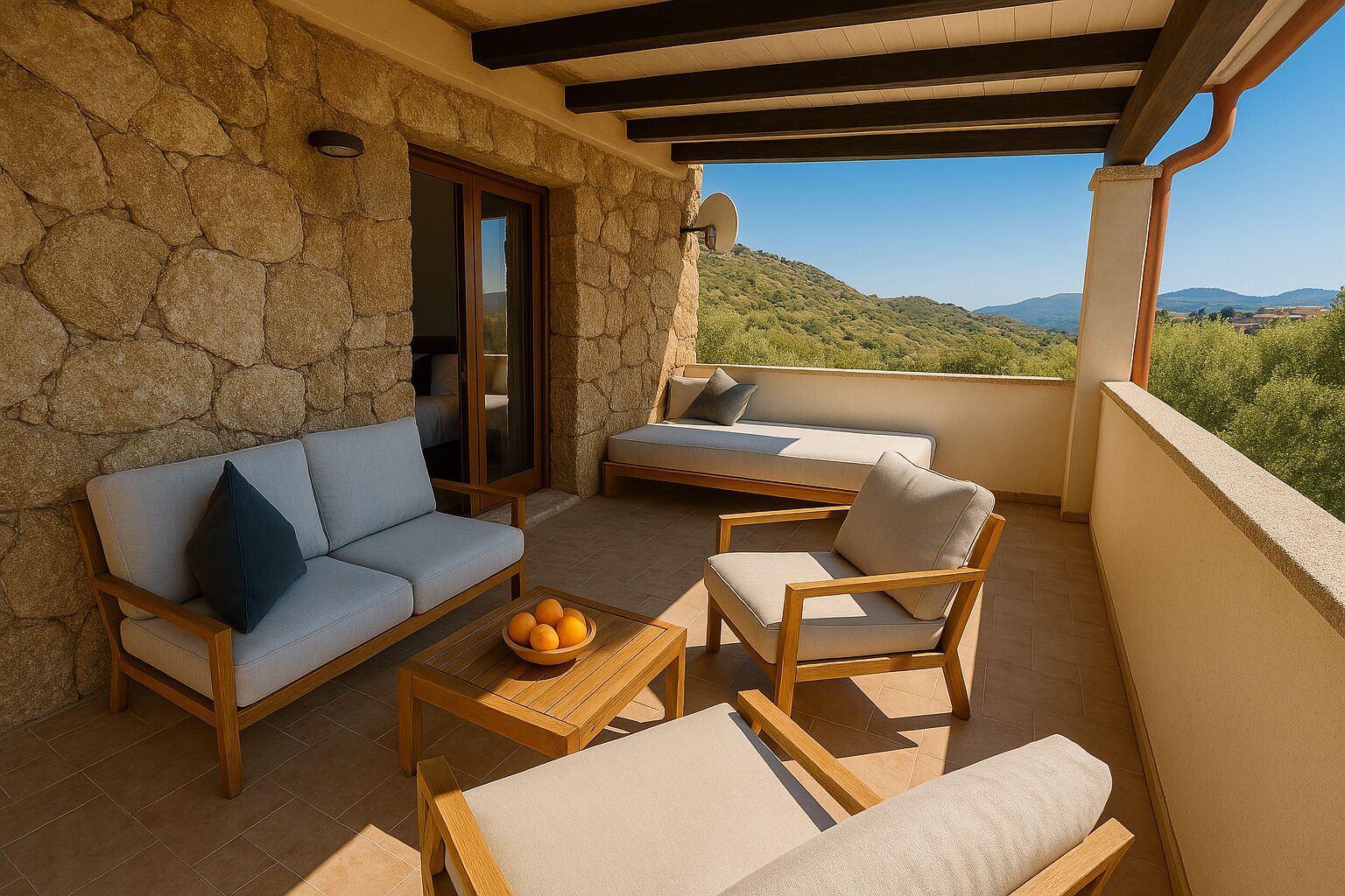 Un balcon avec des murs en pierre, un canapé, une chaise et une table avec des oranges.