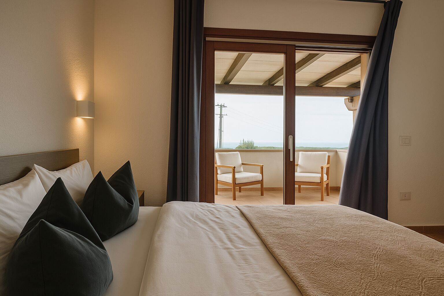 Ein Hotelzimmer mit Bett, Nachttisch, Lampe, Balkon mit Stühlen und Meerblick.