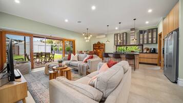 Smart TV, fireplace, DVD player, books