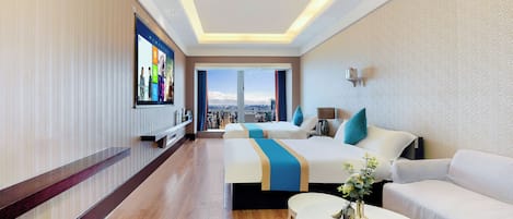 Hypo-allergenic bedding, desk, laptop workspace, blackout curtains