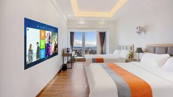 Hypo-allergenic bedding, desk, laptop workspace, blackout curtains