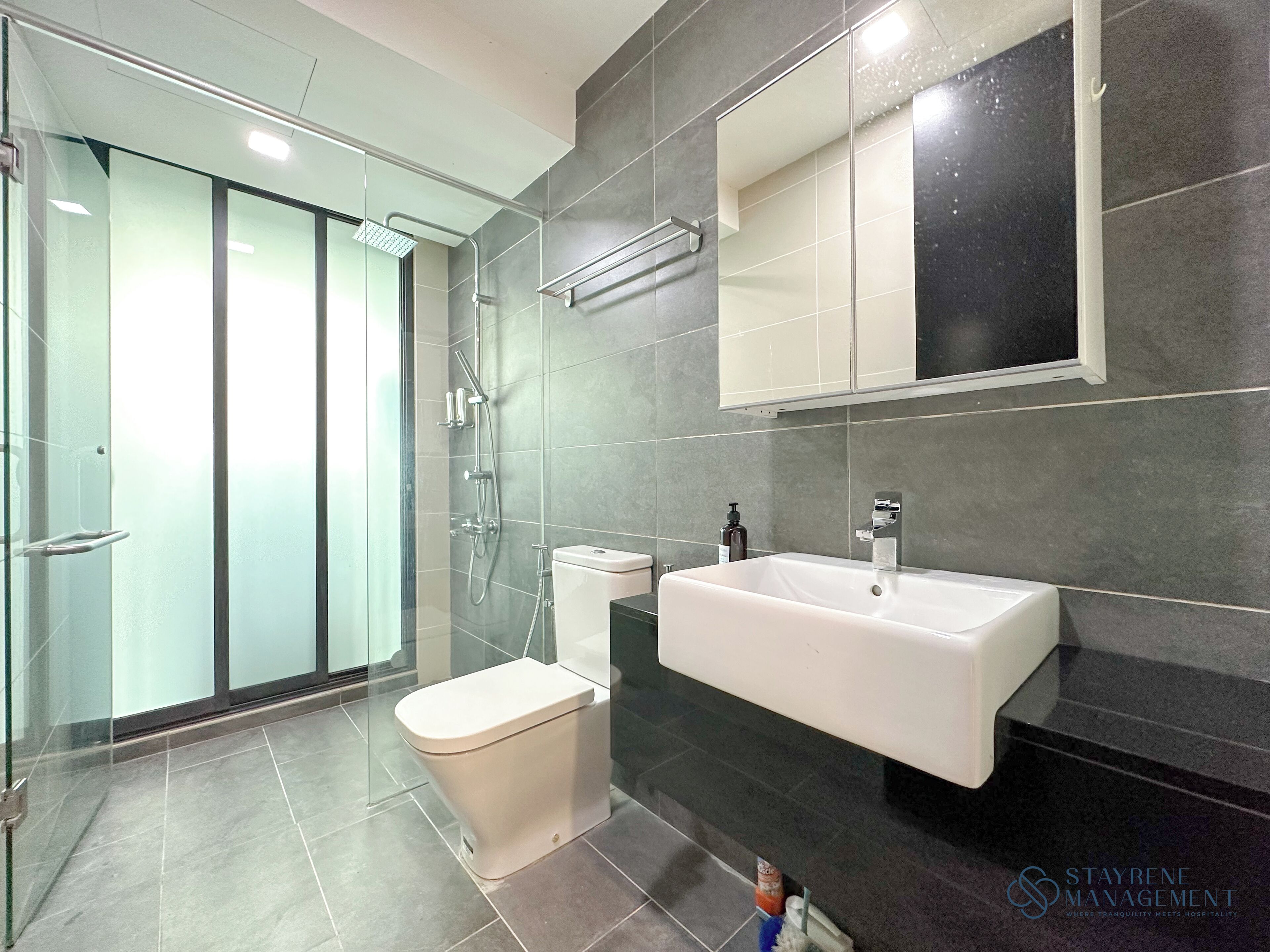 Un baño moderno con cabina de ducha de vidrio, un inodoro blanco y un lavamanos grande de color blanco con un espejo arriba.