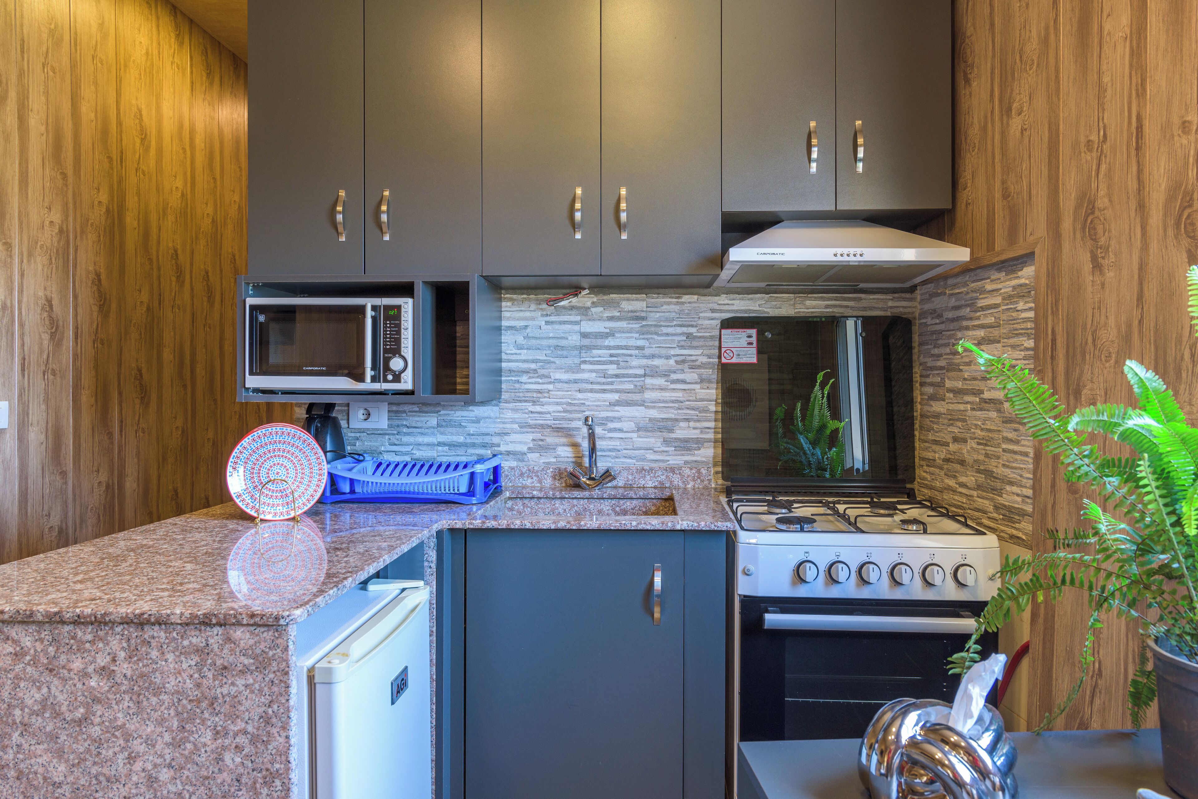A compact kitchen with dark cabinets, a microwave, a stove, and a small refrigerator.