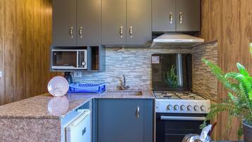 A compact kitchen with dark cabinets, a microwave, a stove, and a small refrigerator.
