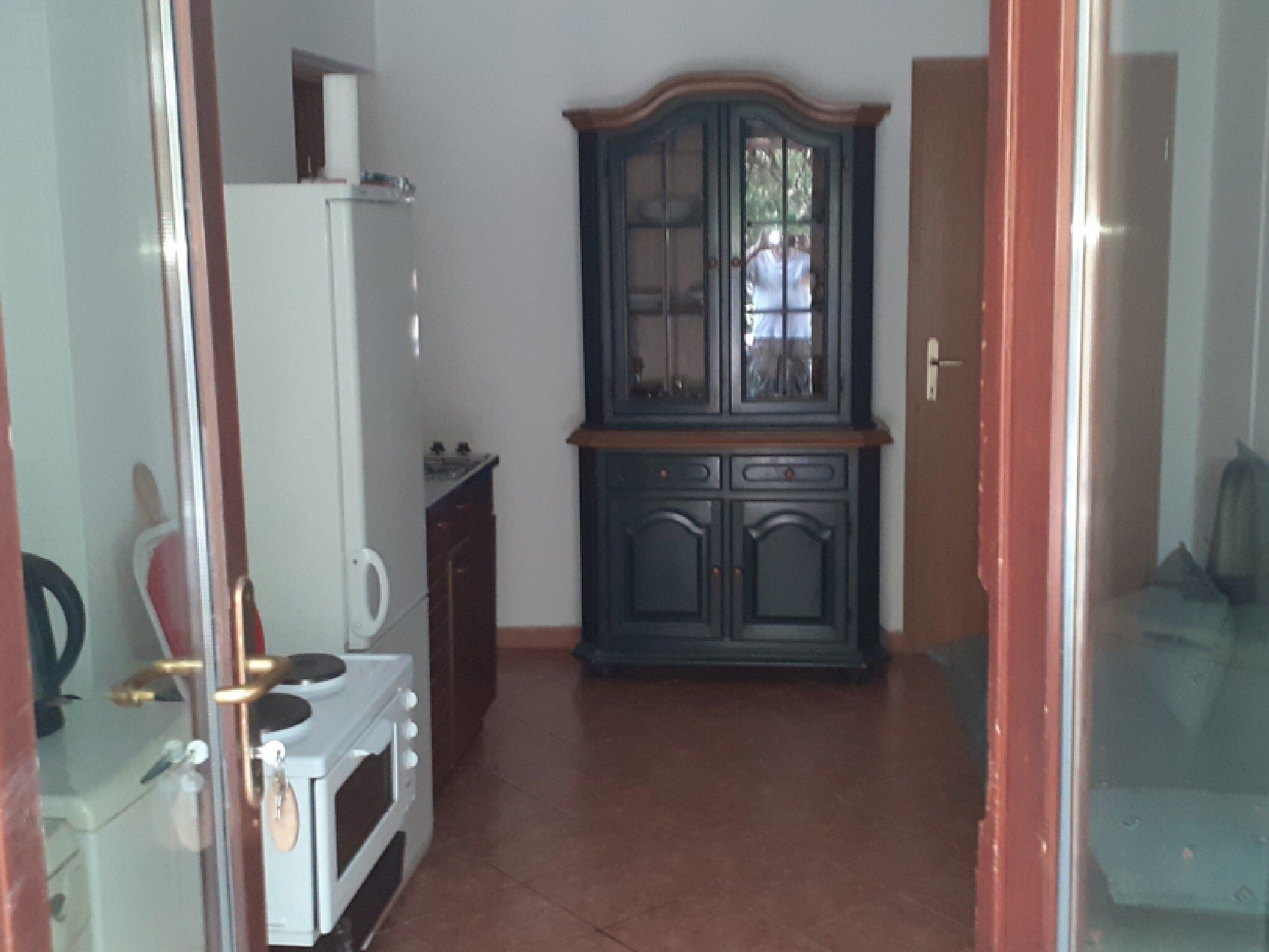 Una cocina con estufa, refrigerador y mueble de madera oscura.