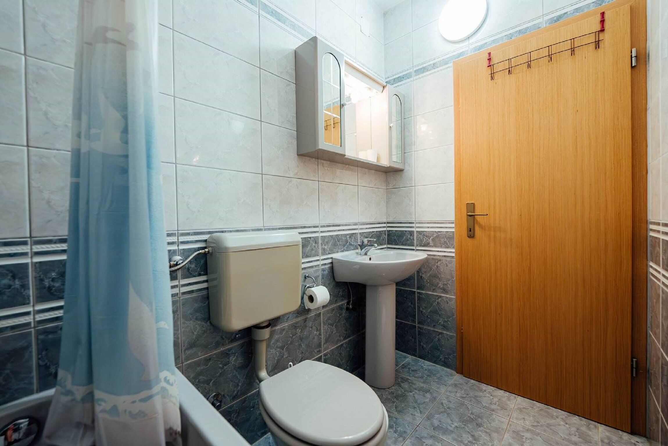 A bathroom with a toilet, sink, and wooden door.