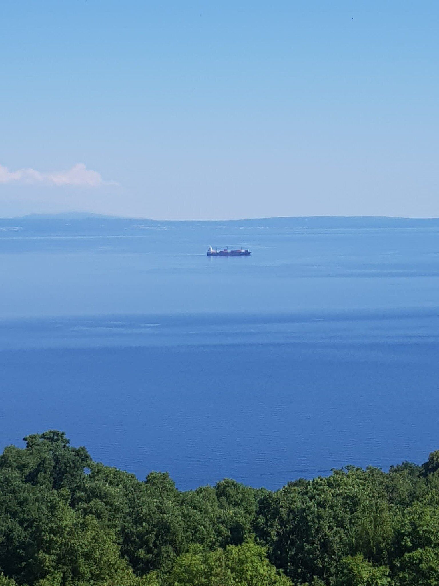 Une vaste étendue d’eau, avec un navire visible au loin et une végétation luxuriante au premier plan.