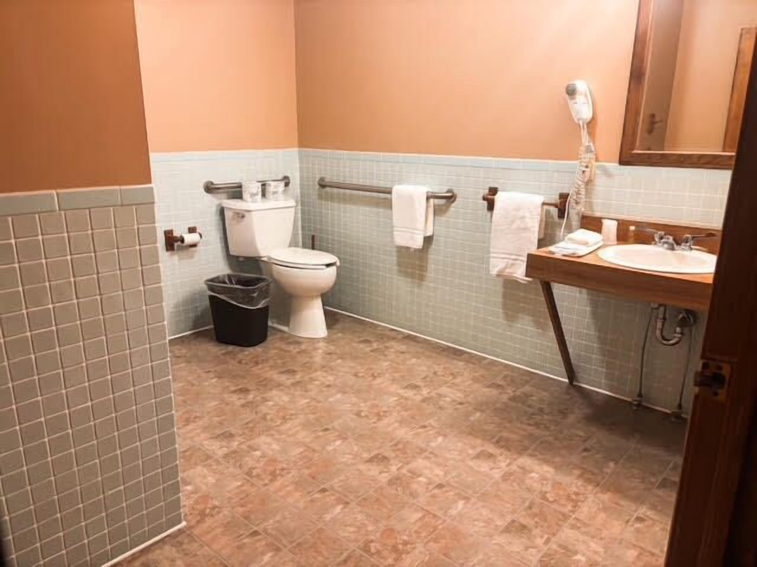 A bathroom with a toilet, a sink, and a mirror. There is a trash can and a towel rack with towels.
