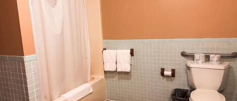 Une salle de bain avec une baignoire, des toilettes et une poubelle.