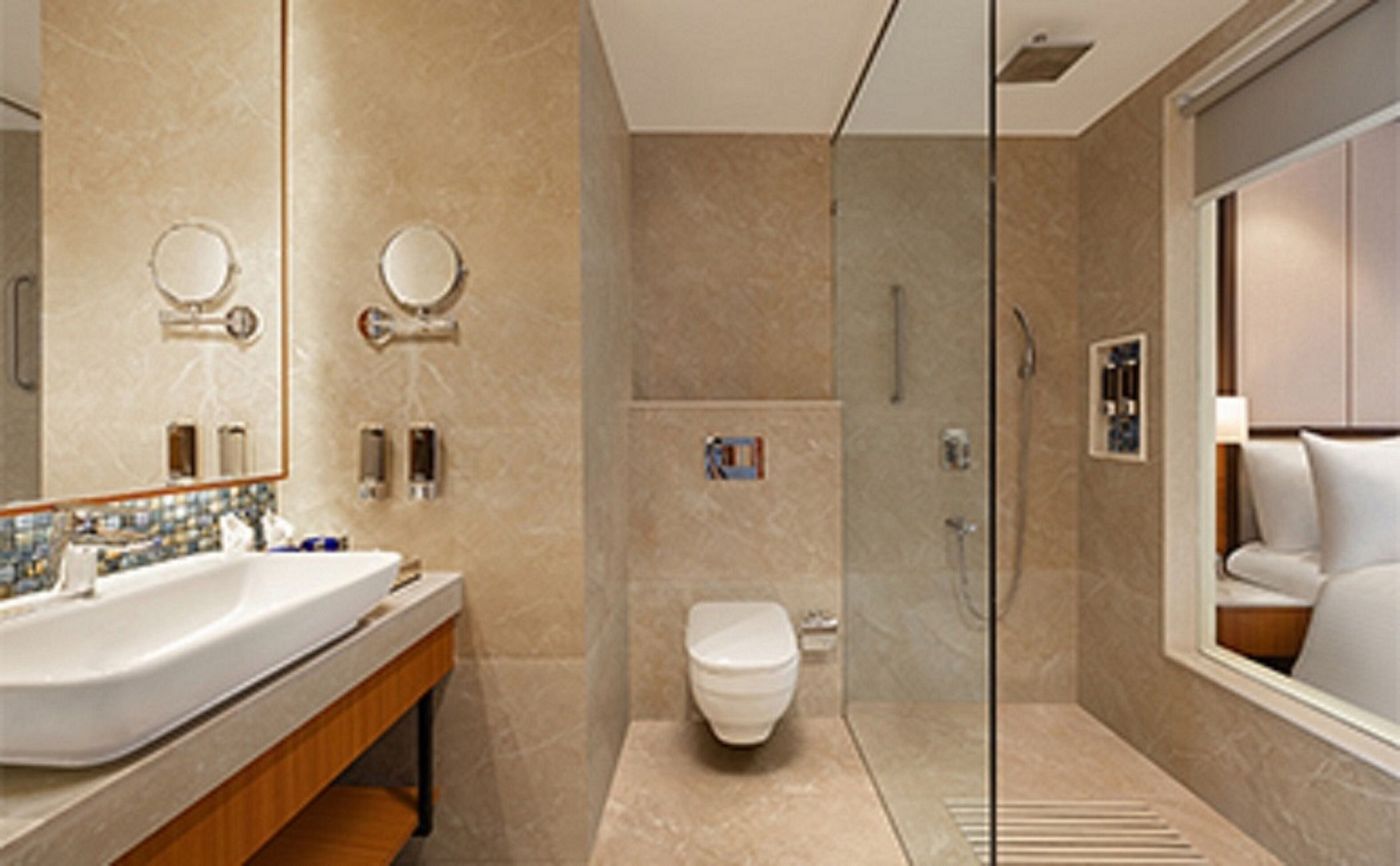 A modern bathroom with a glass shower enclosure, a white toilet, and a vanity with a mirror and sink.