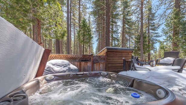 Een hottub omringd door een houten terras, met zicht op hoge dennenbomen.