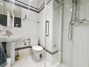 Shower, hair dryer, bidet, towels