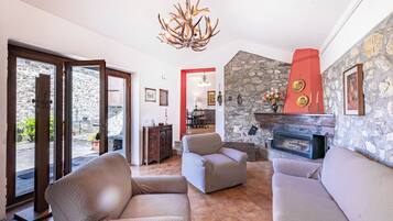 Flat-screen TV, fireplace, DVD player