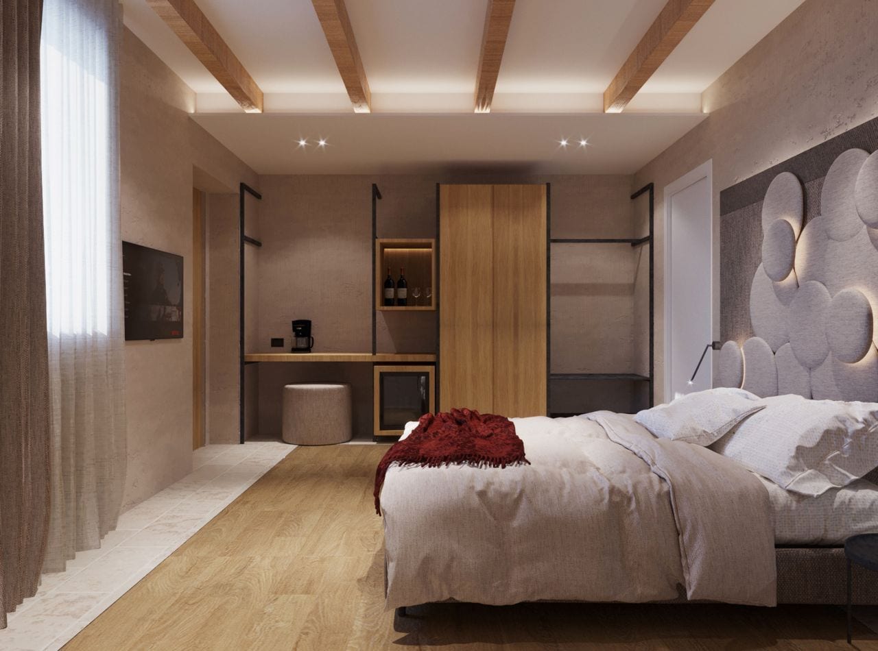 Un dormitorio moderno con cama, mesita de noche, armario empotrado y estante en la pared.
