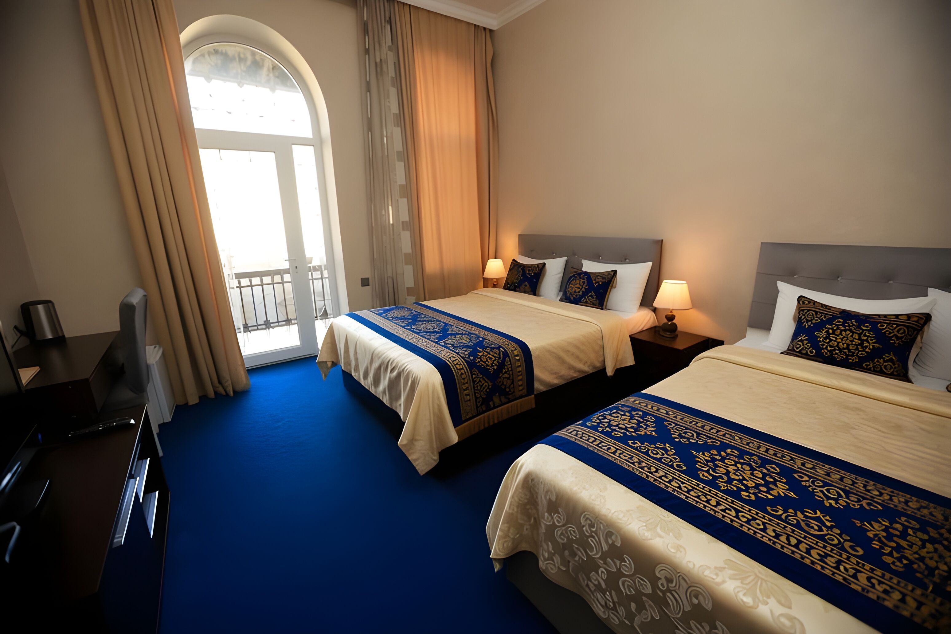 A hotel room with two beds, a desk, a chair, a TV, and a window with curtains.