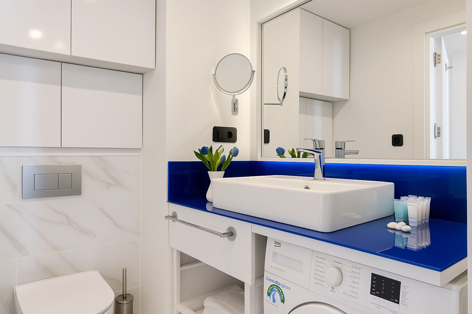 A modern bathroom with a white sink, blue countertop, and a built-in washing machine.