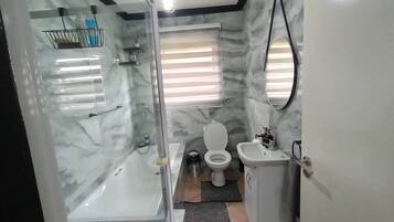 Ein modernes Badezimmer mit einer Duschkabine, einer Toilette und einem Waschbecken.