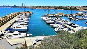 Un puerto deportivo con numerosos barcos amarrados, un cielo despejado y un horizonte urbano a lo lejos.