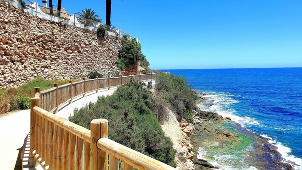 Un paseo marítimo con muro de piedra, palmeras y valla de madera.