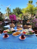 Una mesa servida con diversos platos, incluyendo pan, aceitunas y una ensalada, al aire libre con un mantel a cuadros azul y blanco.