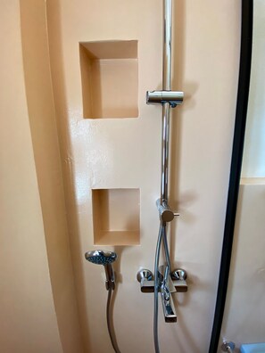 Shower, rainfall showerhead, hair dryer, slippers