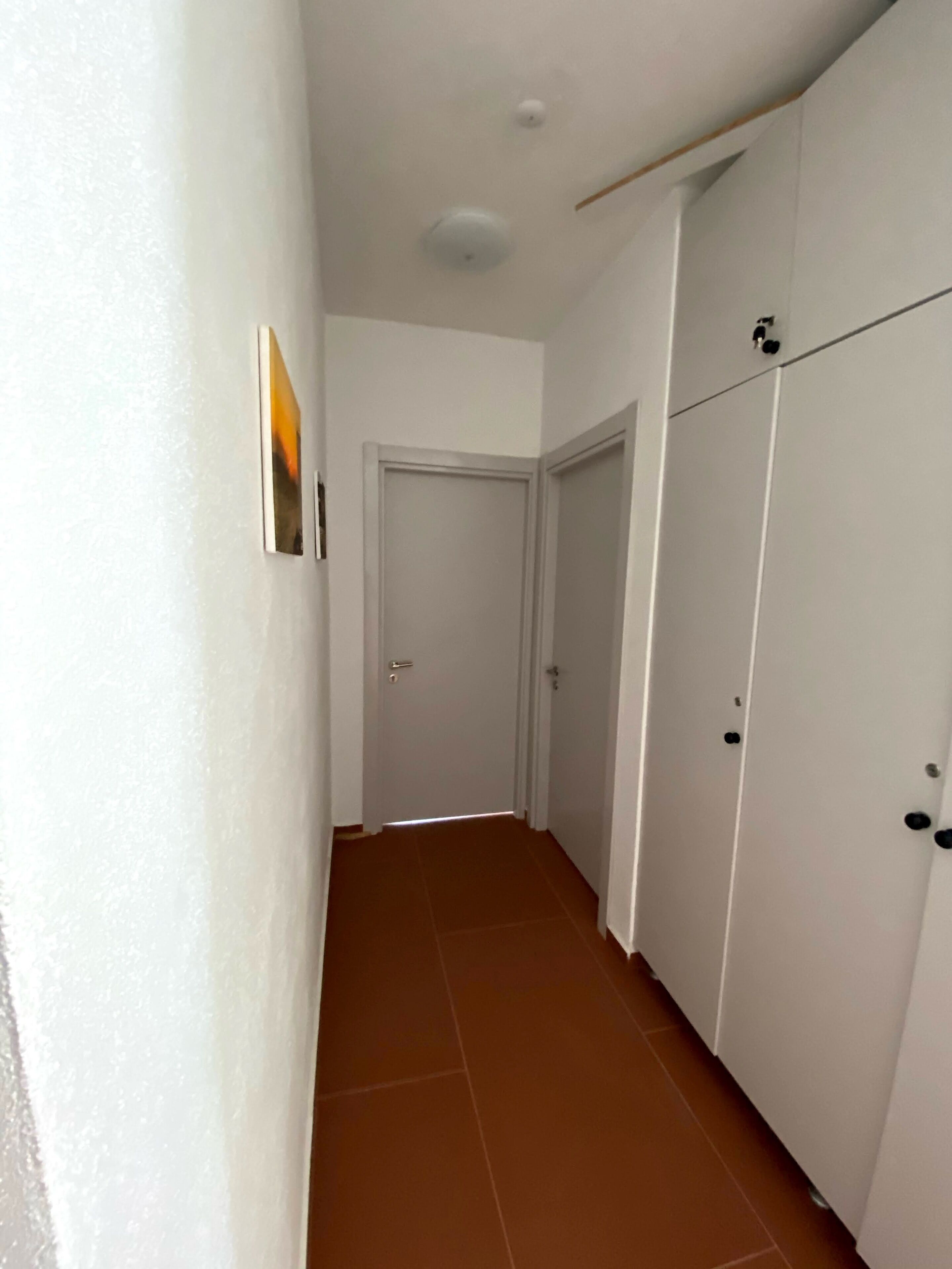 Un pasillo estrecho con paredes blancas y suelo de baldosas marrones. Hay dos puertas, una cerrada y otra abierta, que dan a una habitación. Un cuadro enmarco cuelga de la pared a la izquierda.