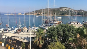 Un port de plaisance où sont amarrés de nombreux voiliers, entouré de verdure et avec une colline en arrière-plan.