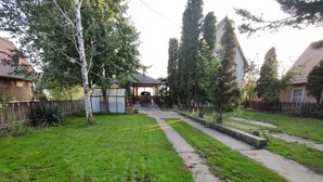 Ein Garten mit gepflastertem Weg, Holzzaun und kleinem Gartenbereich.