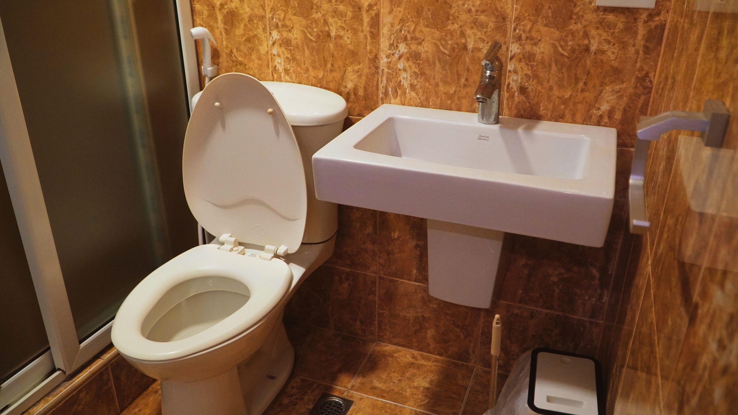 Une salle de bain avec des toilettes, un lavabo et une douche.