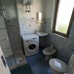 Shower, hair dryer, bidet, towels