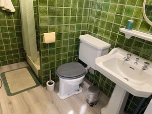 A bathroom with green tiled walls, a white toilet, a sink, and a trash can. - Maison de Caractère Plein Centre de st Tropez (Saint-Tropez)