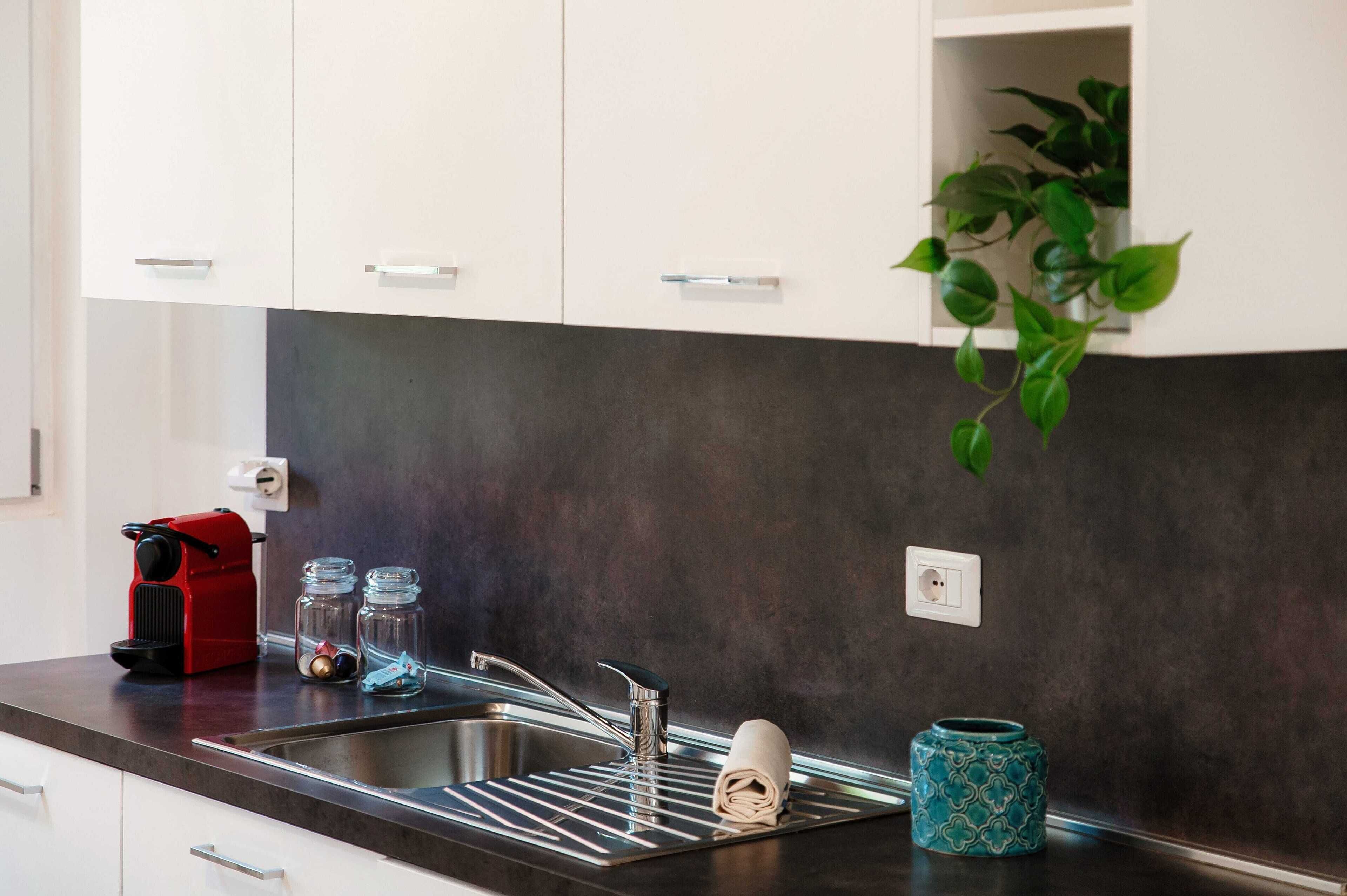A kitchen with a modern design, featuring a stainless steel sink, a red appliance, and a potted plant.