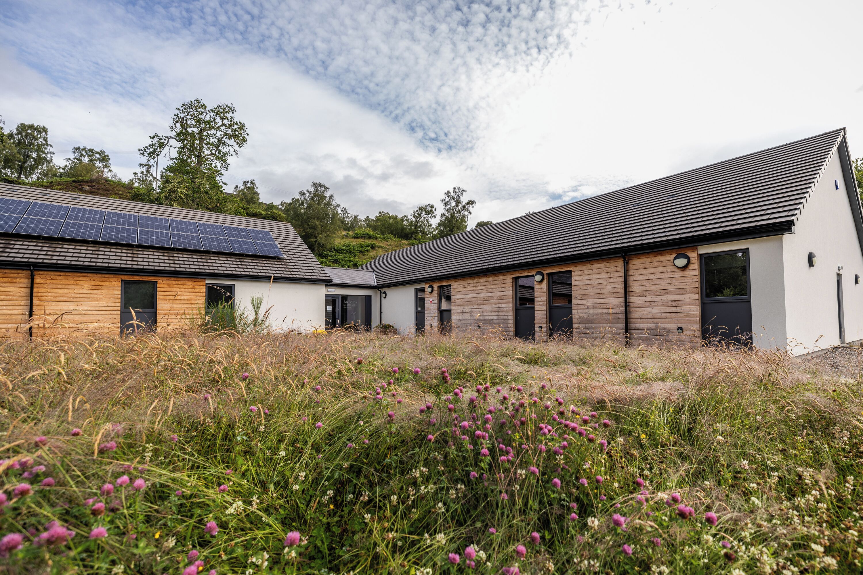 A modern building with solar panels on the roof, wooden exterior walls, and a grassy area with wildflowers.