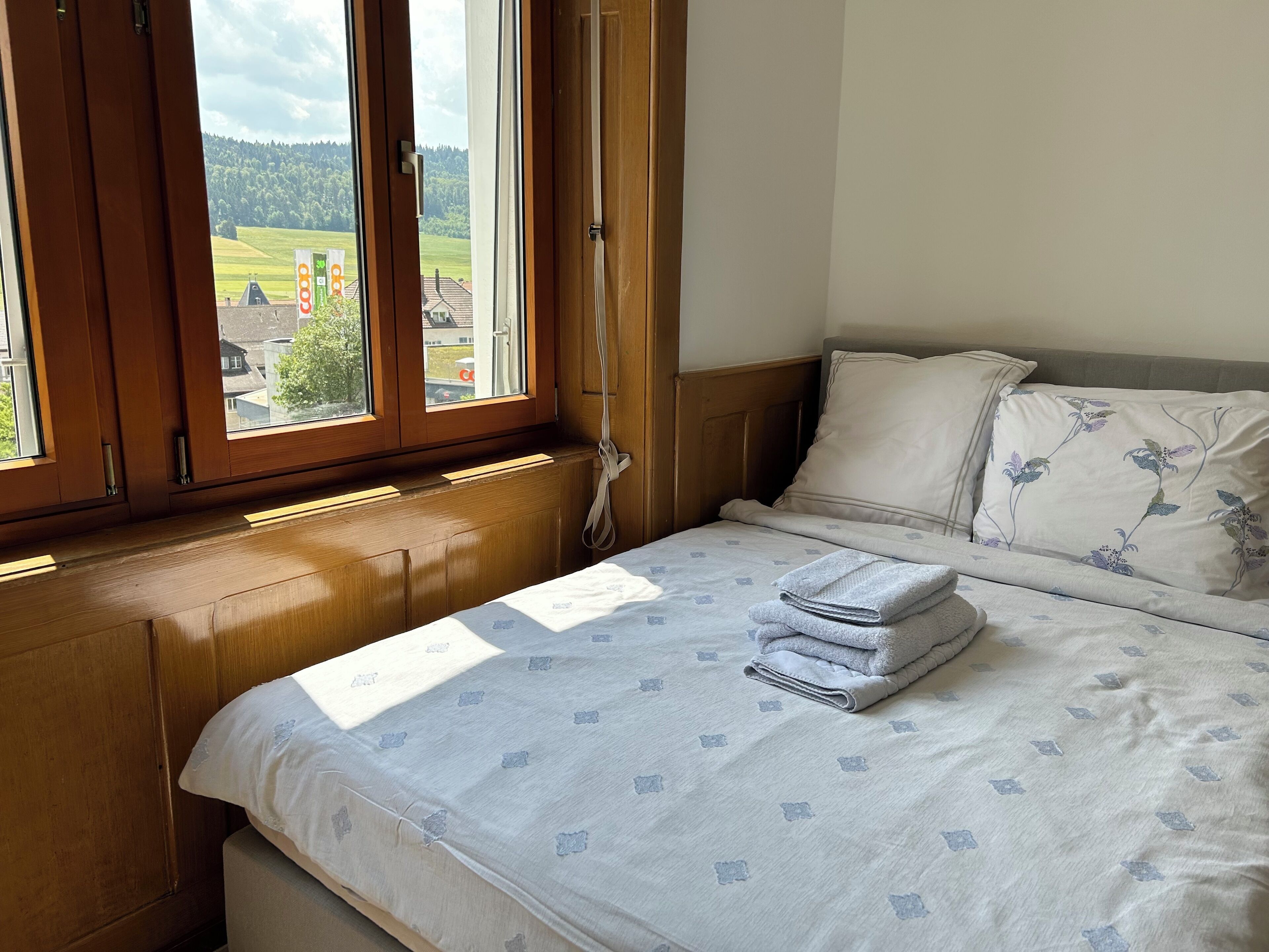 Ein Schlafzimmer mit Bett, Kissen und einem Fenster mit Blick auf eine grüne Landschaft.