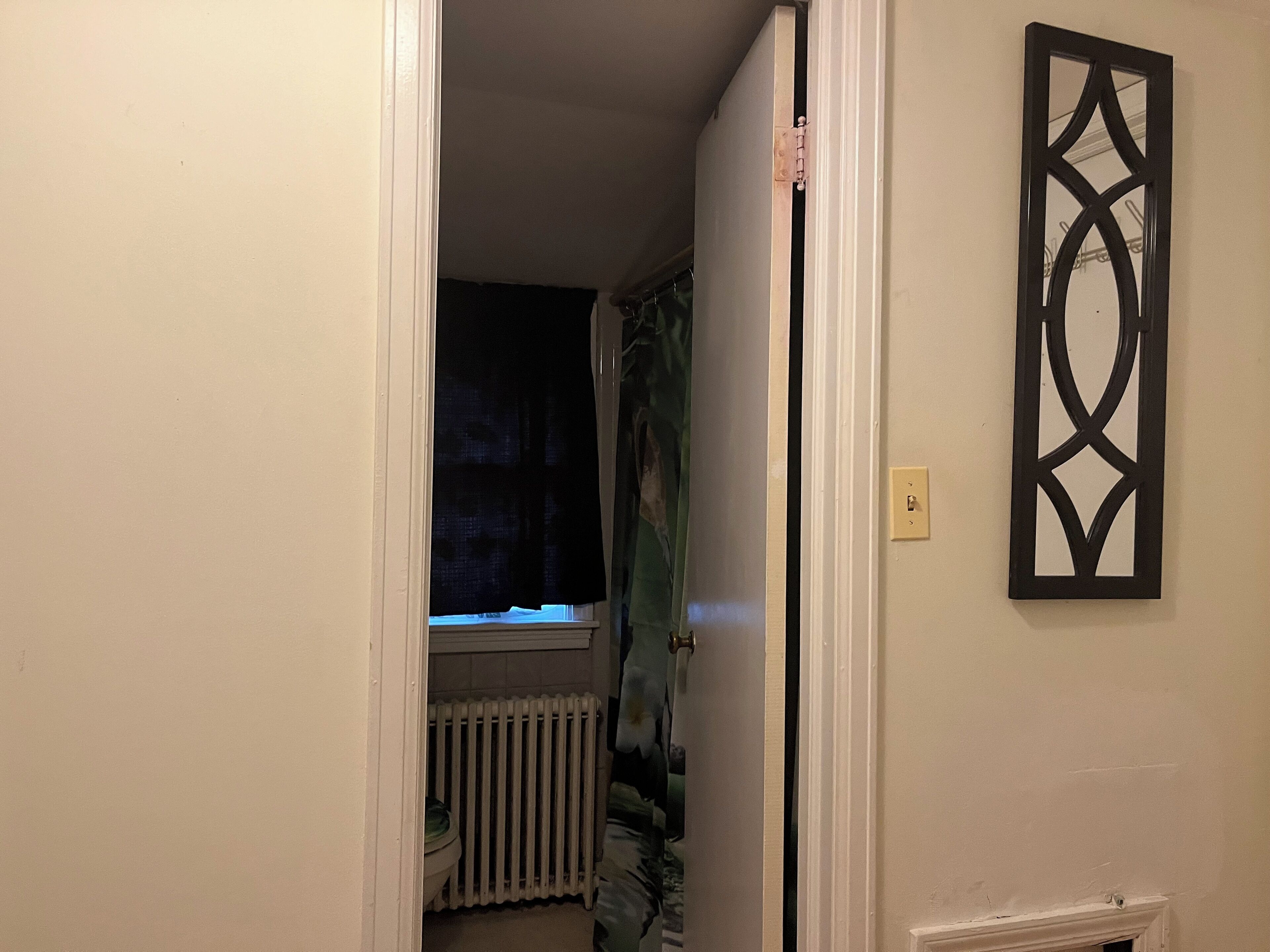 Ein schmaler Flur mit Heizkörper, einer Tür zu einem Badezimmer und einem an der Wand montierten Lichtschalter.