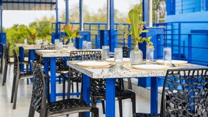 An outdoor dining area with blue and black metal furniture, tables set with plates, glasses, and flowers. - Panism Lifestyle (Vanur)