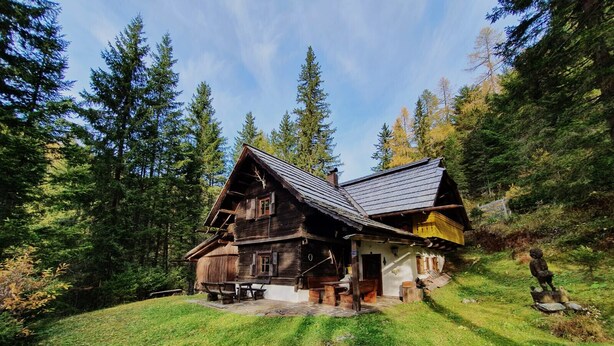 Un rustico chalet in legno con tetto spiovente, immerso in una fitta foresta.
