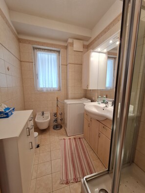 A bathroom with a bidet, a sink, a mirror, and a window with curtains. - Haus Lilly by Globalimmoservice (Bad Kleinkirchheim)