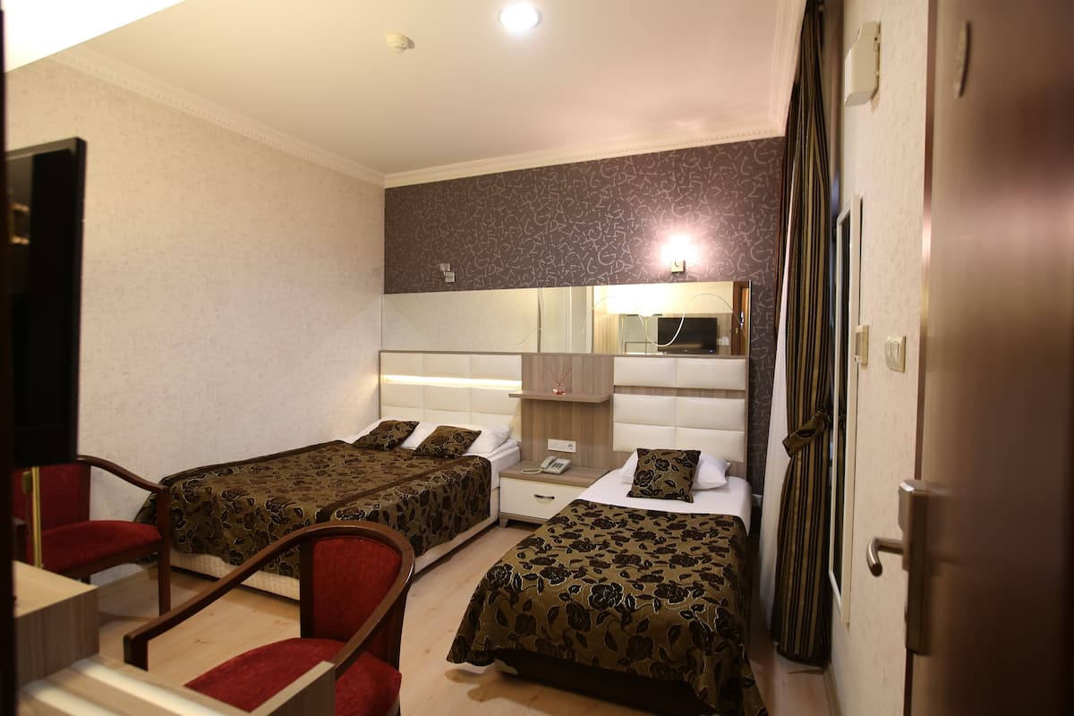 A hotel room with two single beds, a desk with a chair, a mirror, and a wardrobe.