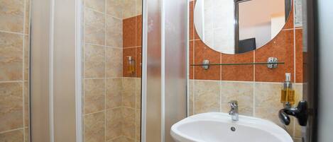 A bathroom with a shower enclosure, a sink, and a mirror.