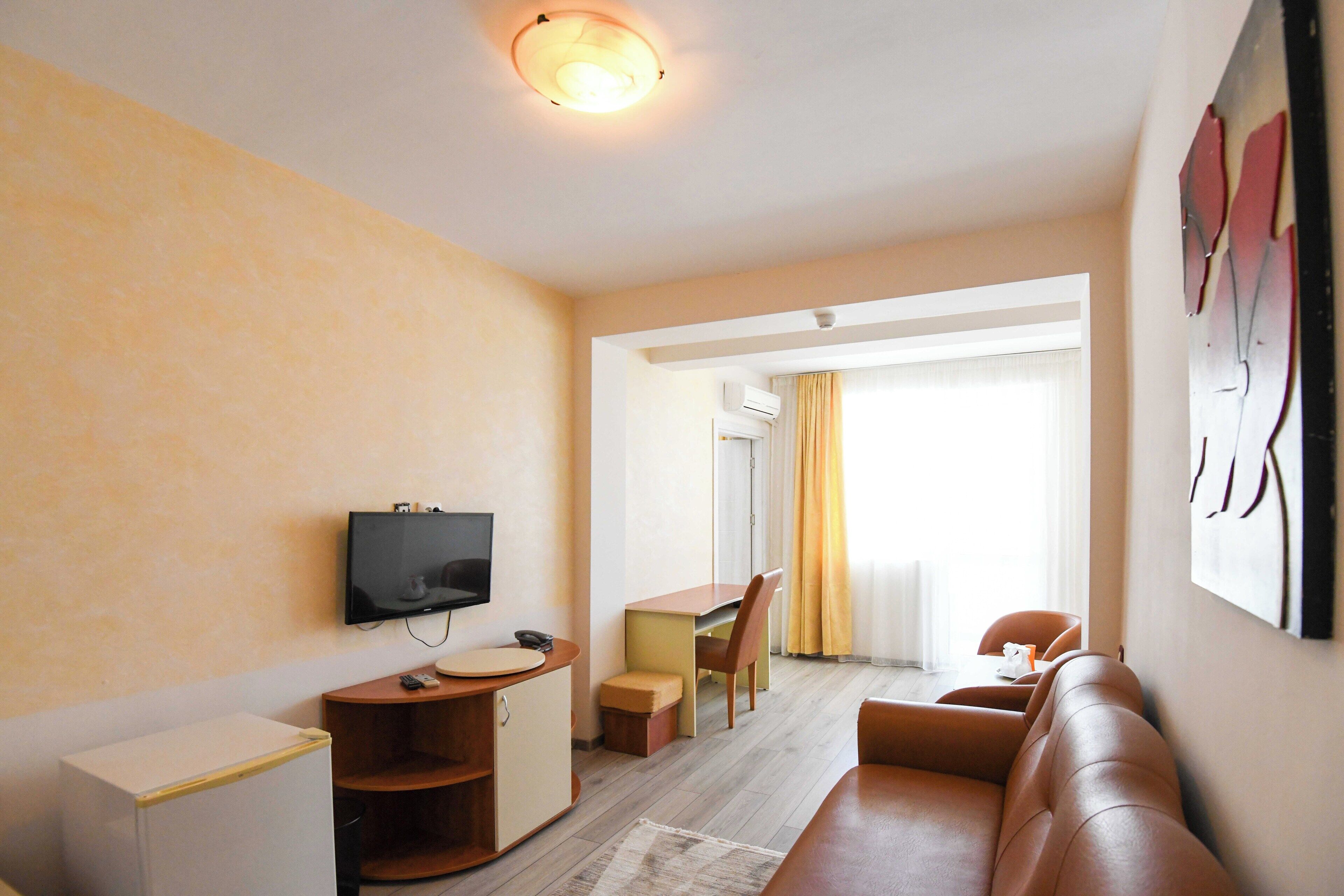 A compact living space with a sofa, a small TV, a desk, and a dining table.