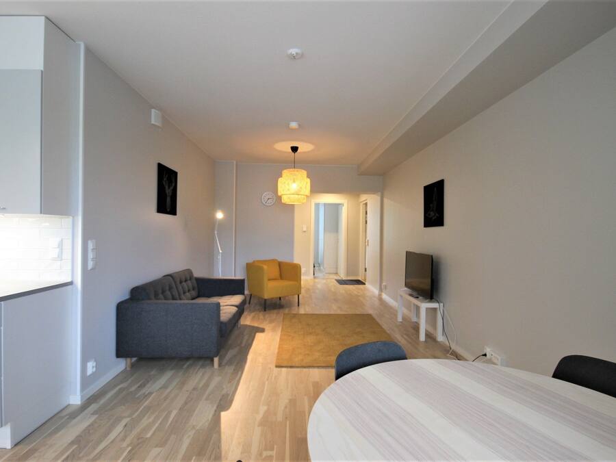A modern living room with a sofa, armchair, and a TV on a stand.