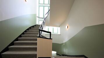 Eine Treppe mit Geländer, mit Teppich belegten Stufen und zweifarbig gestrichenen Wänden.