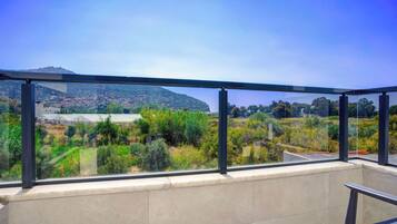 Un balcon doté d’une balustrade en verre, offrant une vue sur un paysage verdoyant et une colline lointaine.