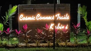 A neon sign reading "Cosmic Connected Trails" with tropical plants in the foreground. - Cosmic Connect Trails Kabini (Heggadadevankote)