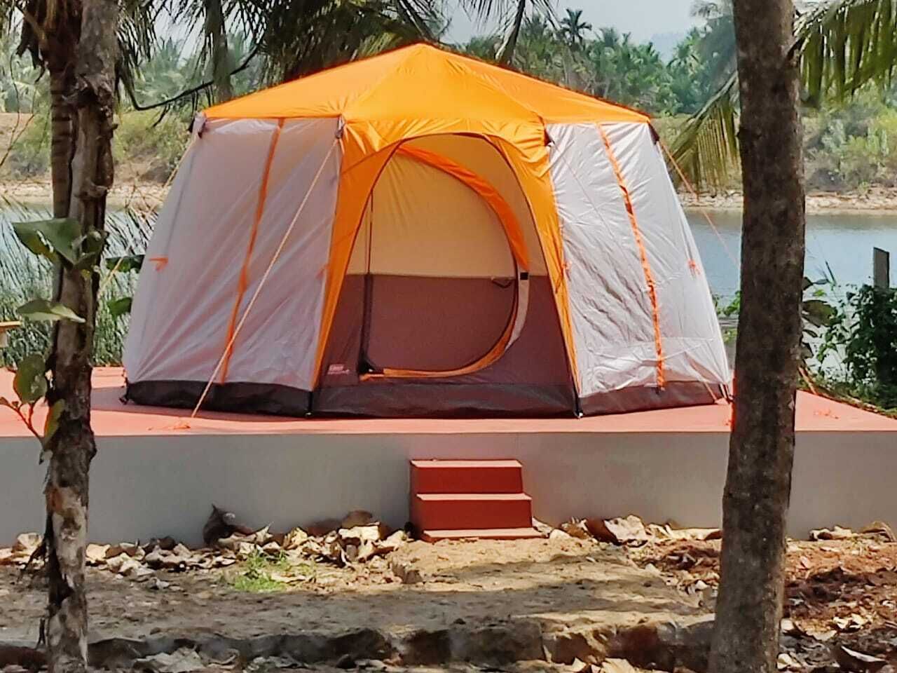 A tent with a platform and steps leading up to it, surrounded by trees and a body of water.