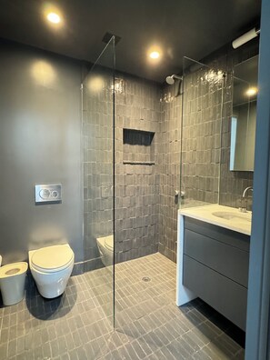 Shower, hair dryer, towels, soap